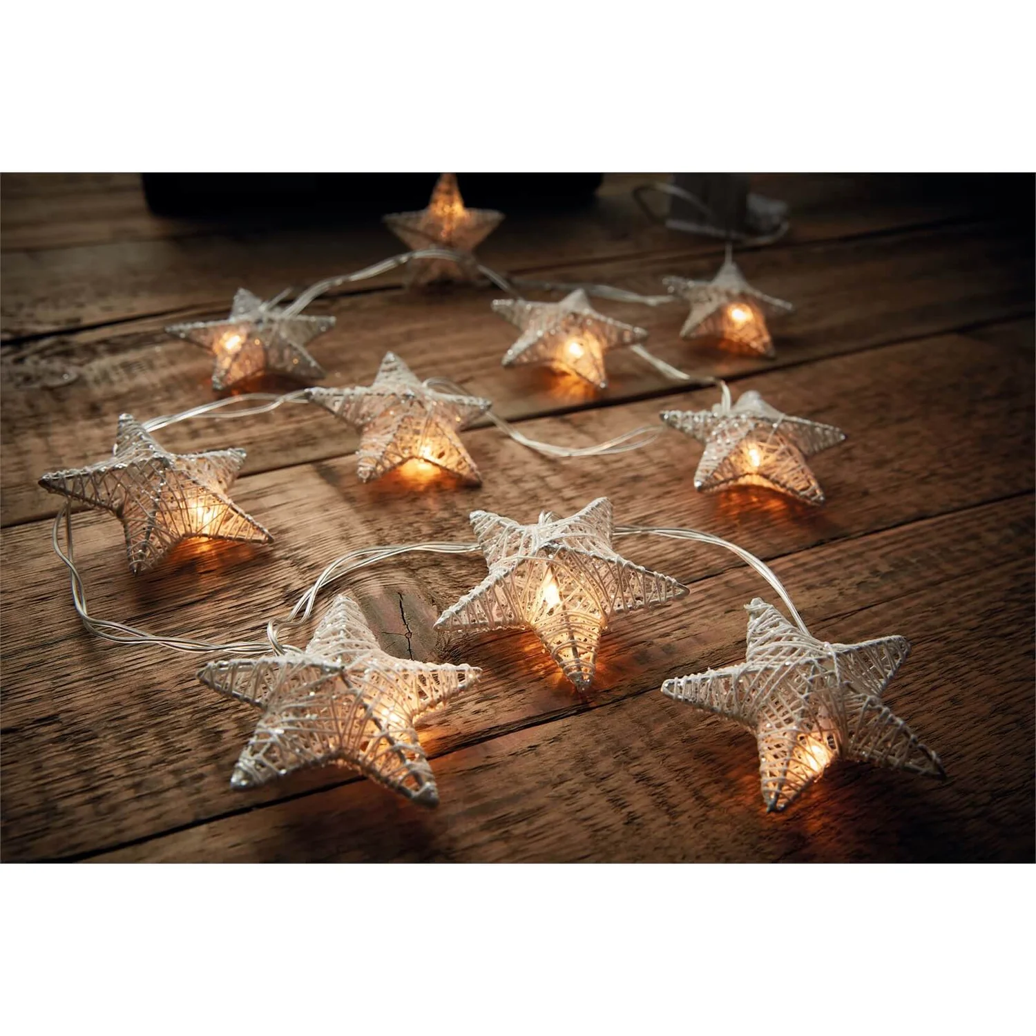 10 White Glitter Star Christmas String Lights (Battery Operated) 4 10 White Glitter Star Christmas String Lights (Battery Operated) - Image 2