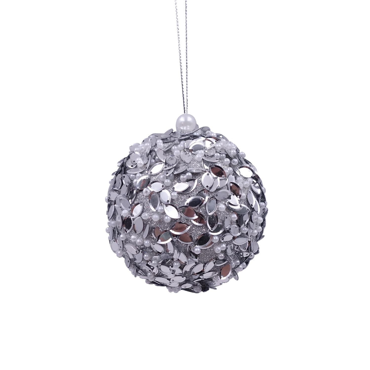 Silver Mirror Pearl Christmas Tree Bauble - 80mm 3 Silver Mirror Pearl Christmas Tree Bauble - 80mm