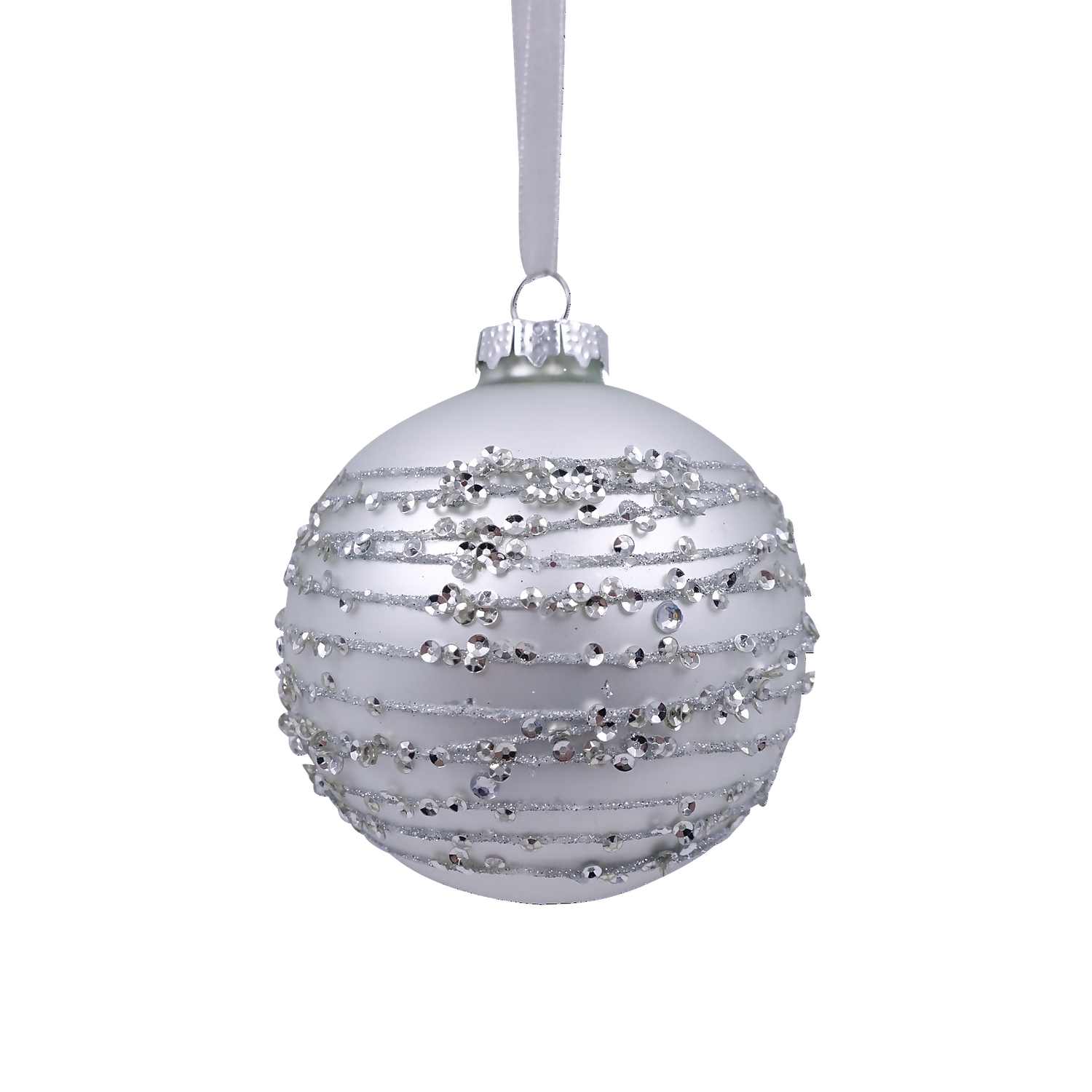 Silver Lines Beaded Stripe Glass Christmas Tree Bauble - 90mm 3 Silver Lines Beaded Stripe Glass Christmas Tree Bauble - 90mm