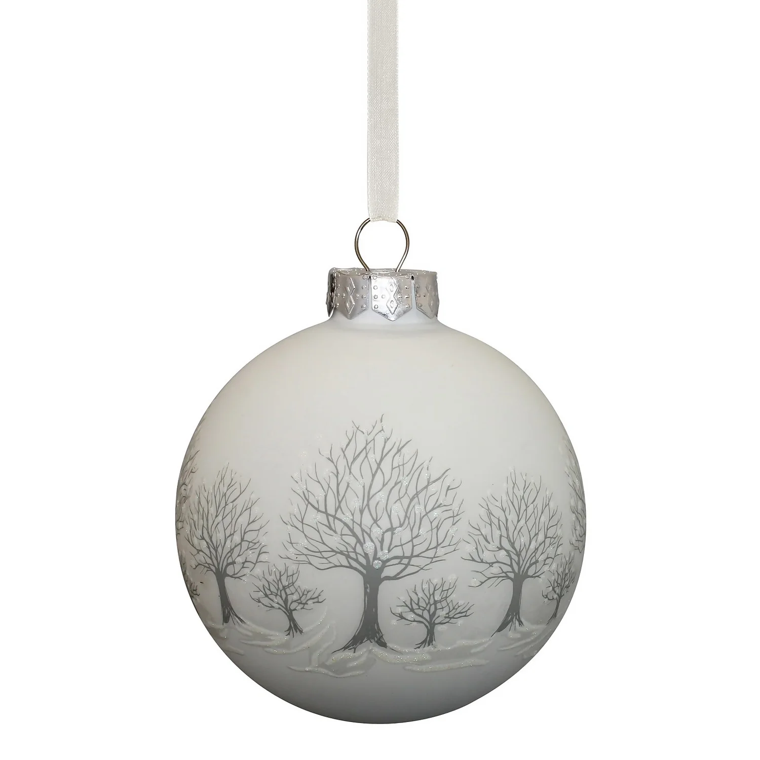 White & Grey Tree Scene Glass Christmas Tree Bauble - 90mm 3 White & Grey Tree Scene Glass Christmas Tree Bauble - 90mm