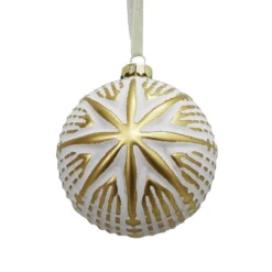 White & Gold Debossed Star Pattern Glass Christmas Tree Bauble